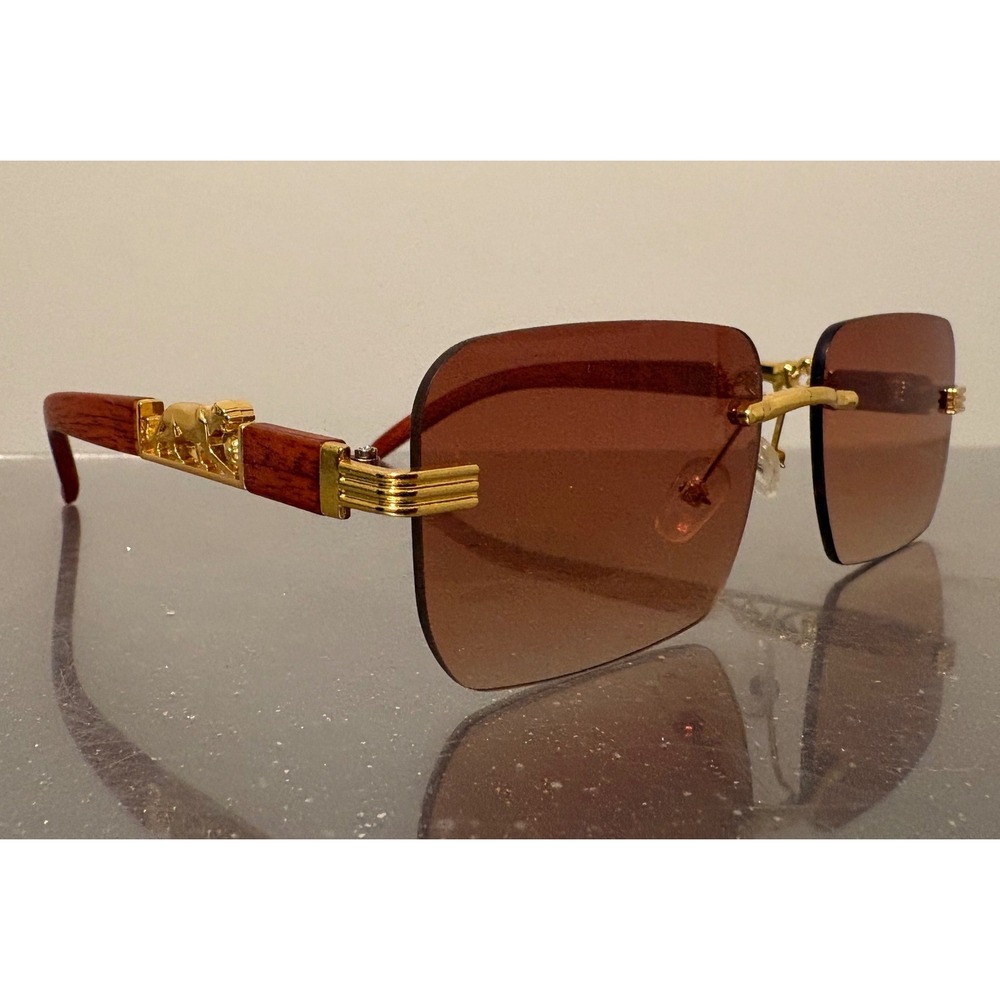 Custom Made Rimless Panther Wood Grain Unisex Sunglasses Gold Tone NWOB